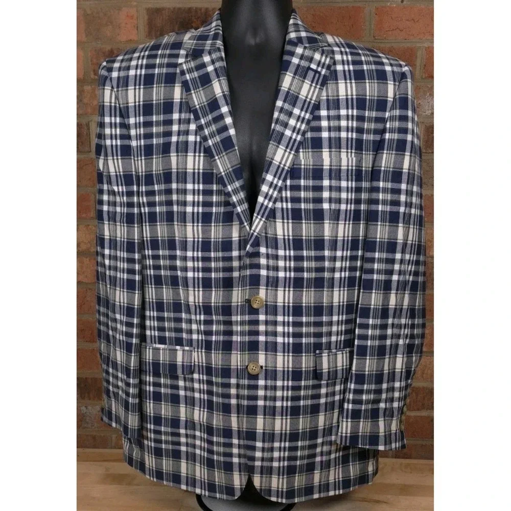 Chaps Mens Blue White Plaid Sport Coat Jacket 100% Cotton Blazer Size 40R